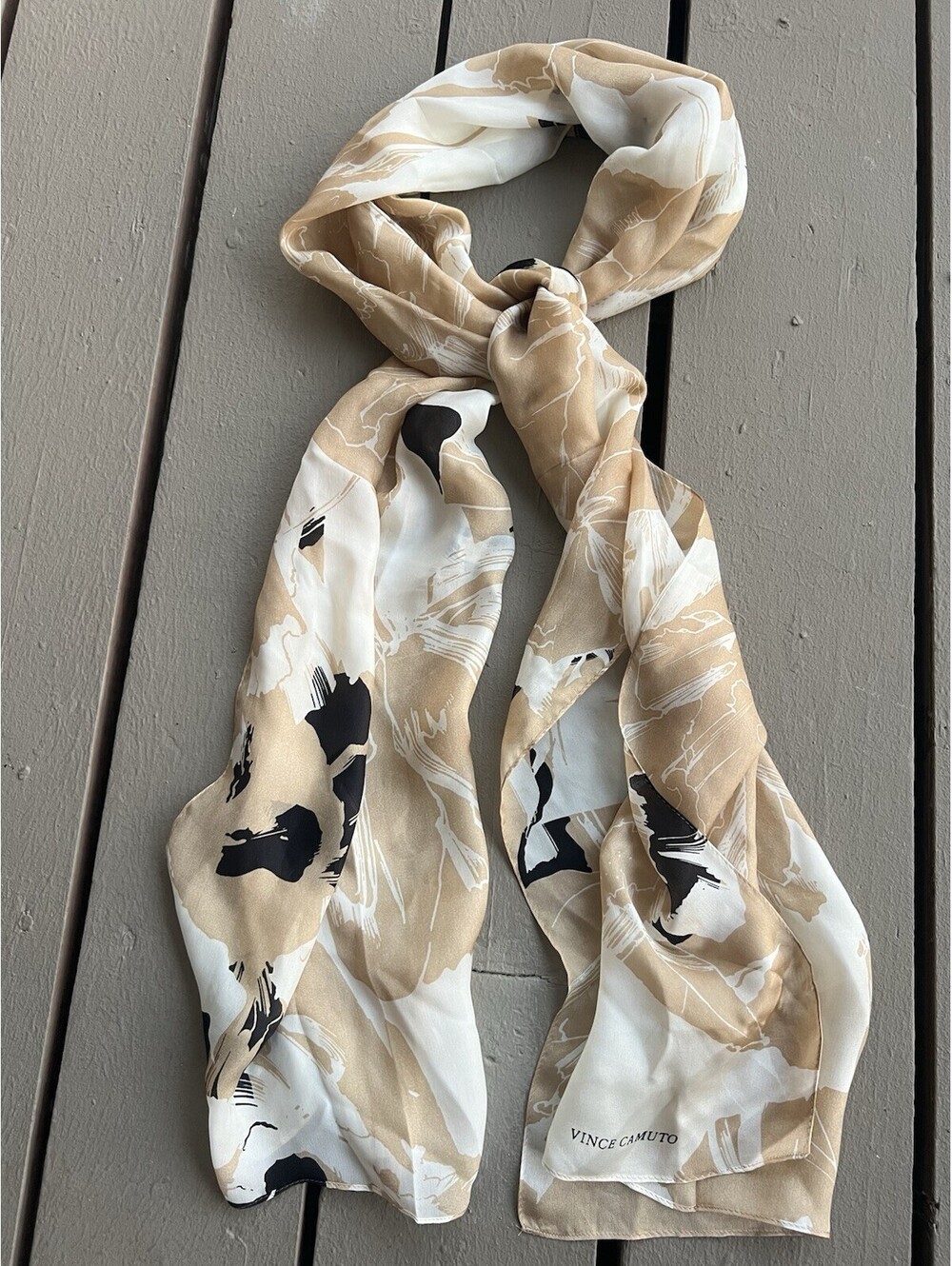 Vince Camuto Silk Rectangle/Oblong Scarf, Large Floral Cream Black 70”X17”